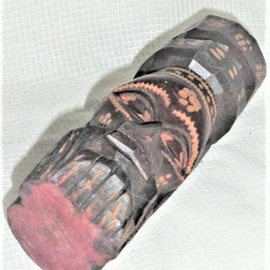 Hand Carved Wood Sculpture Wood Face Like Totem Pole Signed Jamaica Carved Flowe